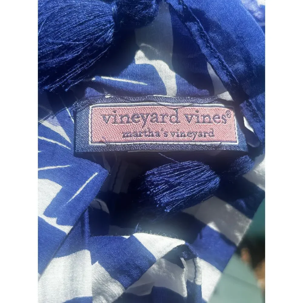 Vineyard Vines Blue & White Striped Floral Summer Scarf Tassels Lightweight